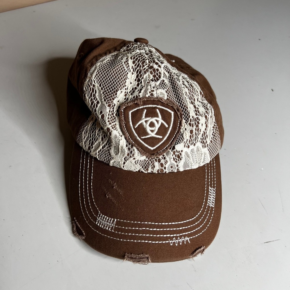 Ariat Brown Lace Overlay Distressed Baseball Cap Logo Patch Adjustable Hat